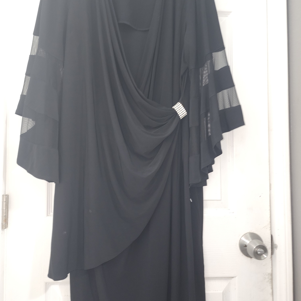 R&M Richards Black Asymmetrical Dress with Mesh Sleeves